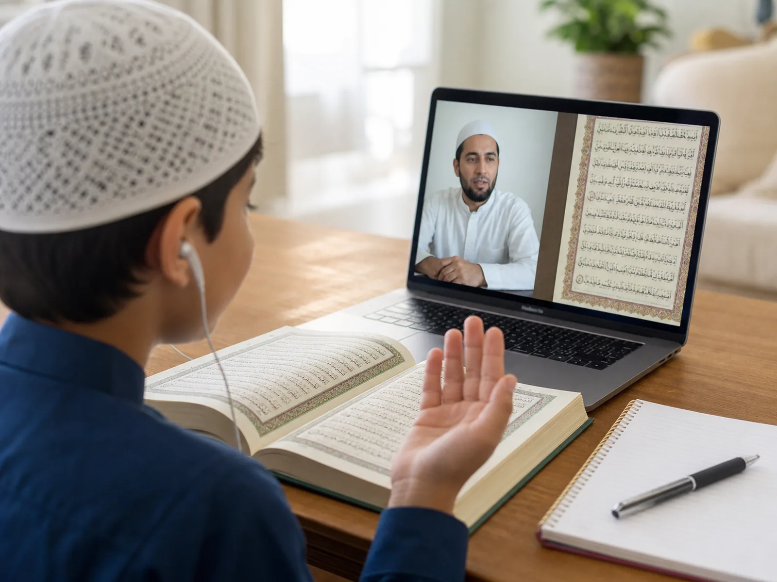A teacher listening to a student recite during a live online Quran lesson