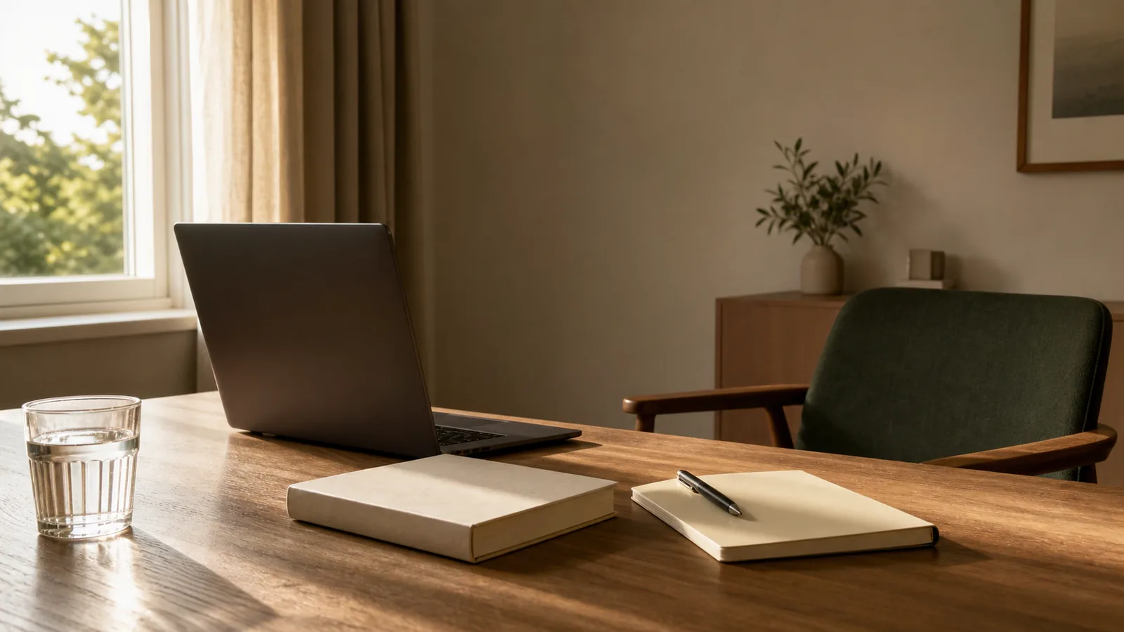 A home study desk set up for an online Quran lesson with a laptop and book