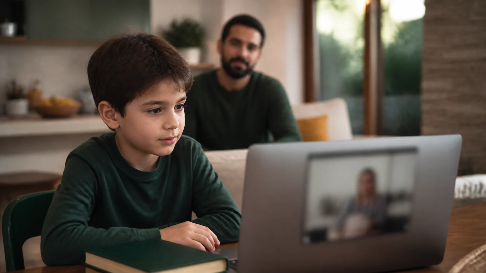 A parent quietly supporting a child's online Quran lesson from nearby