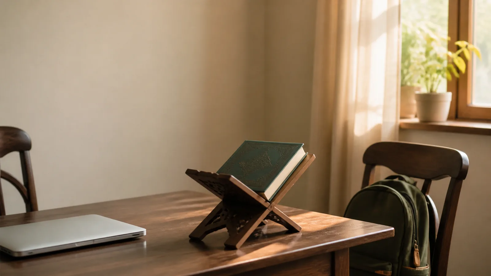 Two chairs at a wooden table holding a closed Quran on a stand, a school bag and a closed laptop in a quiet home study room