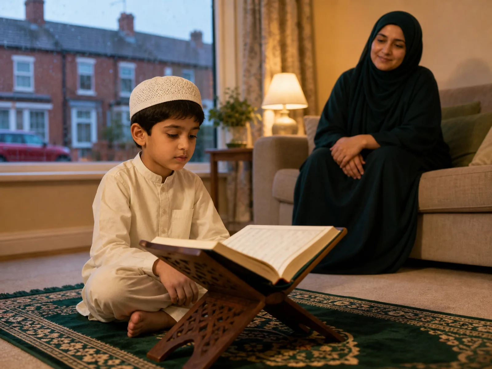 A child in Birmingham reading to a teacher in a private online Quran lesson at home