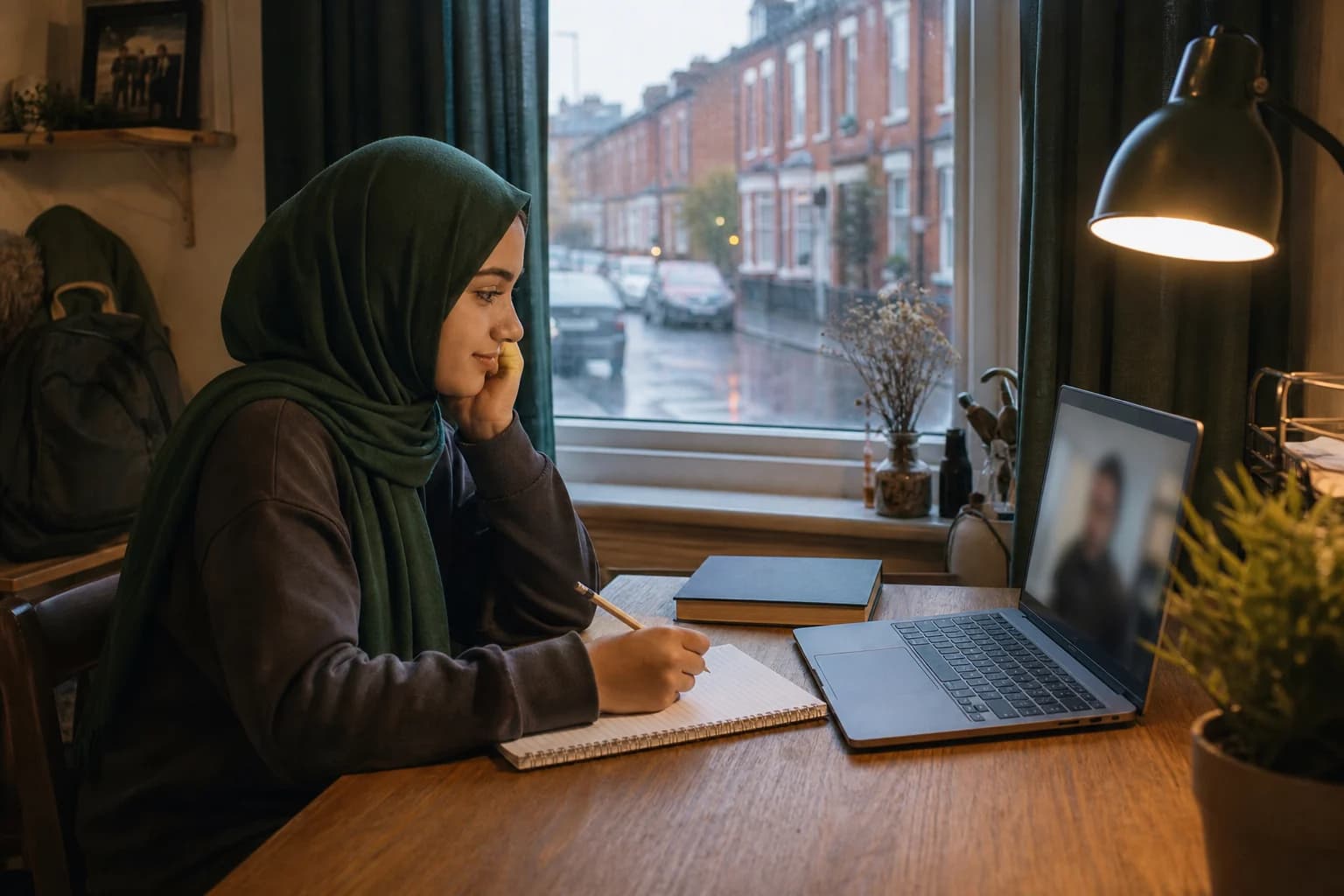 A Muslim student having a private online lesson at home in Manchester after school