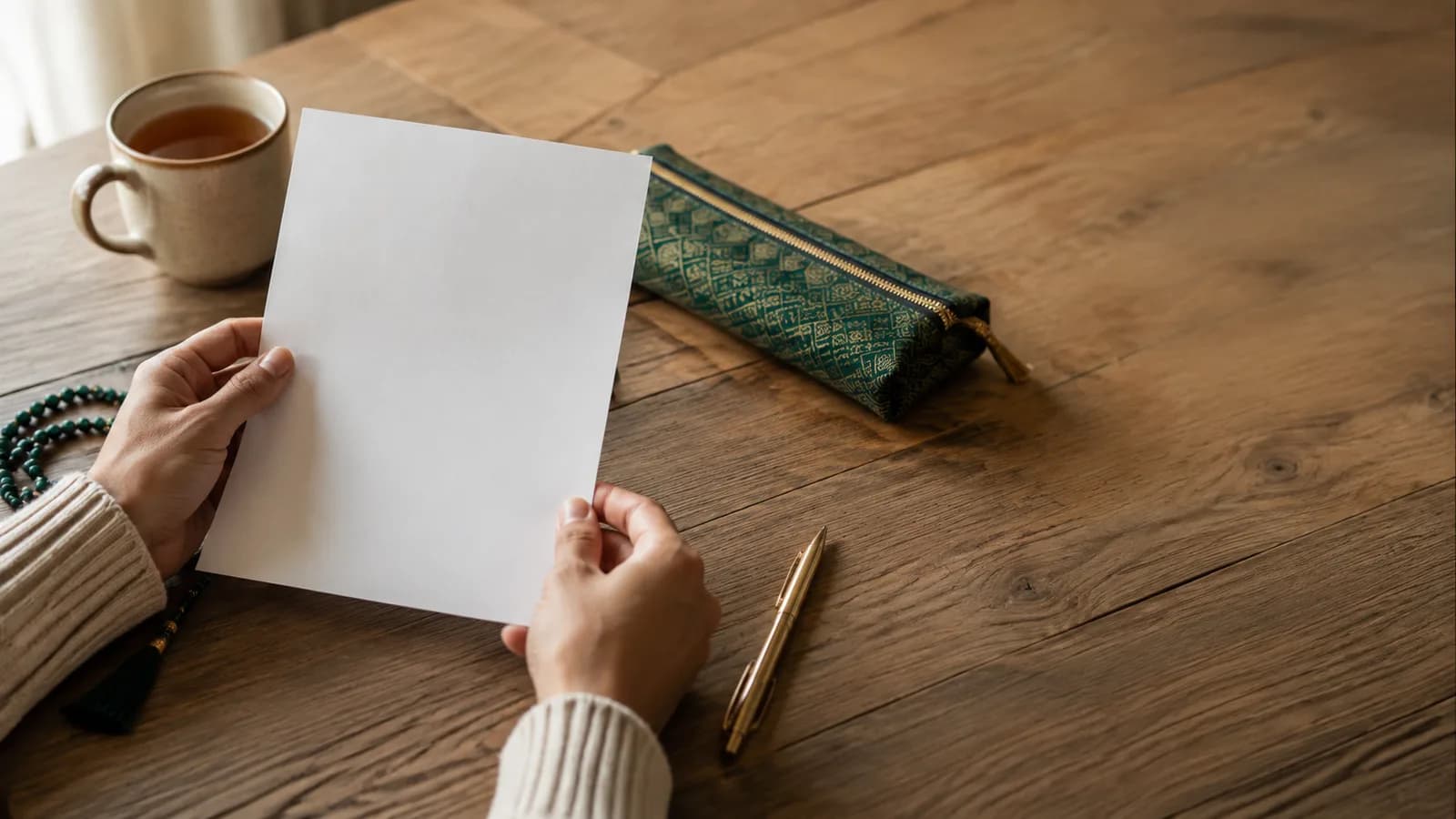 A parent's hands holding a blank printed page at a kitchen table with a cup of tea and a child's pencil case nearby