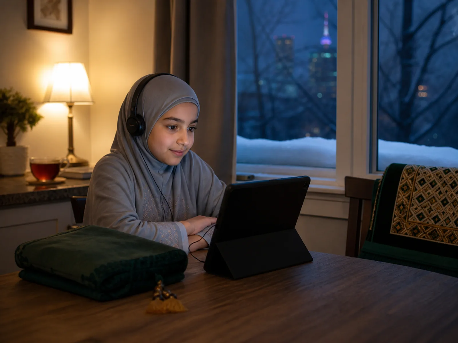 A warm Toronto home set up for an online Quran lesson on a dark winter evening