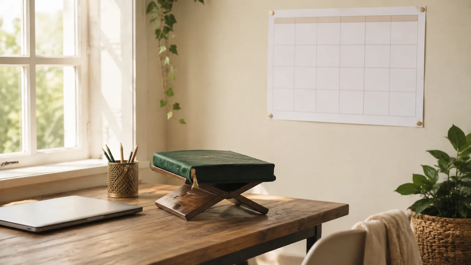 A home learning desk with a Quran on a wooden stand, a laptop and a blank paper timetable pinned to the wall in a bright room