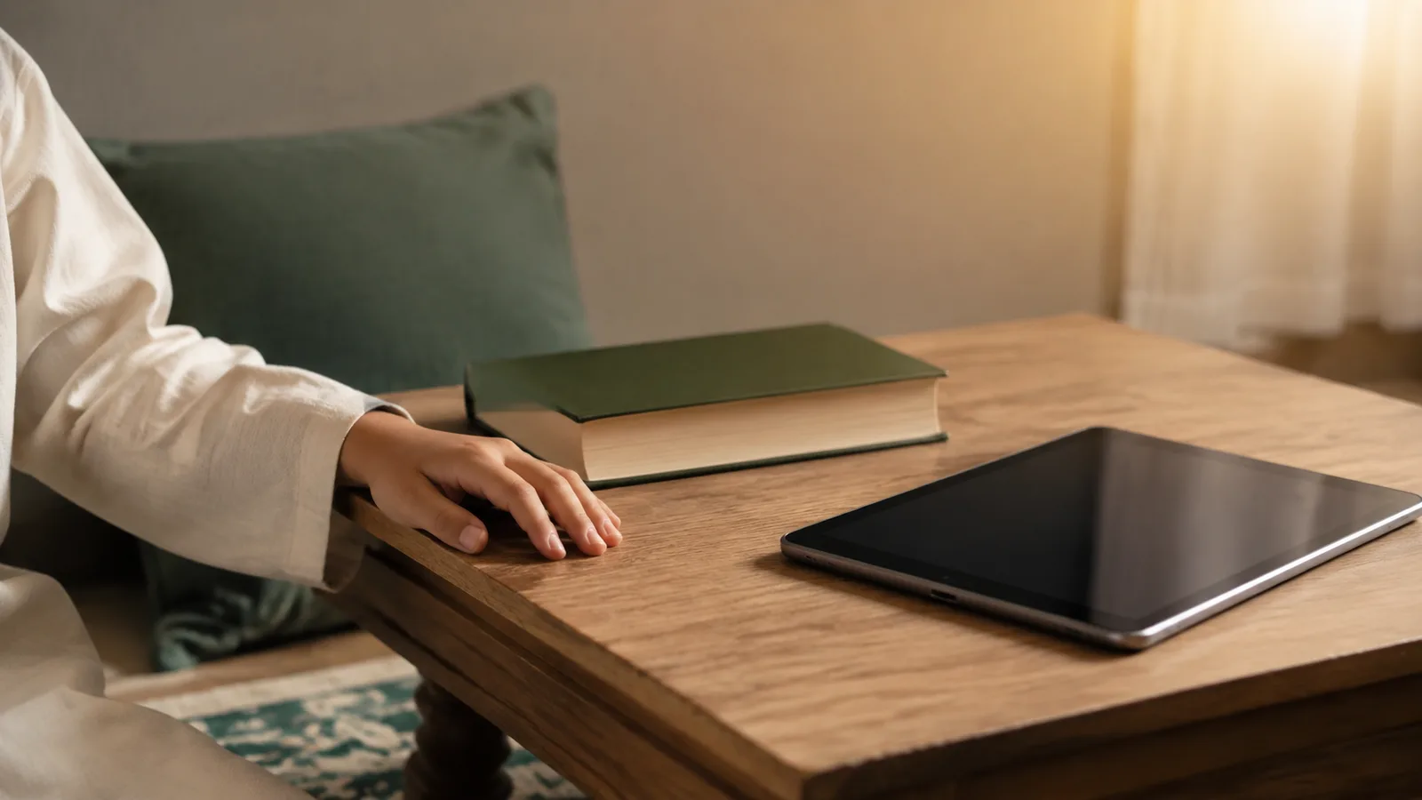 A child's hand resting on a low table beside a closed reading book and a tablet in a calm, softly lit room