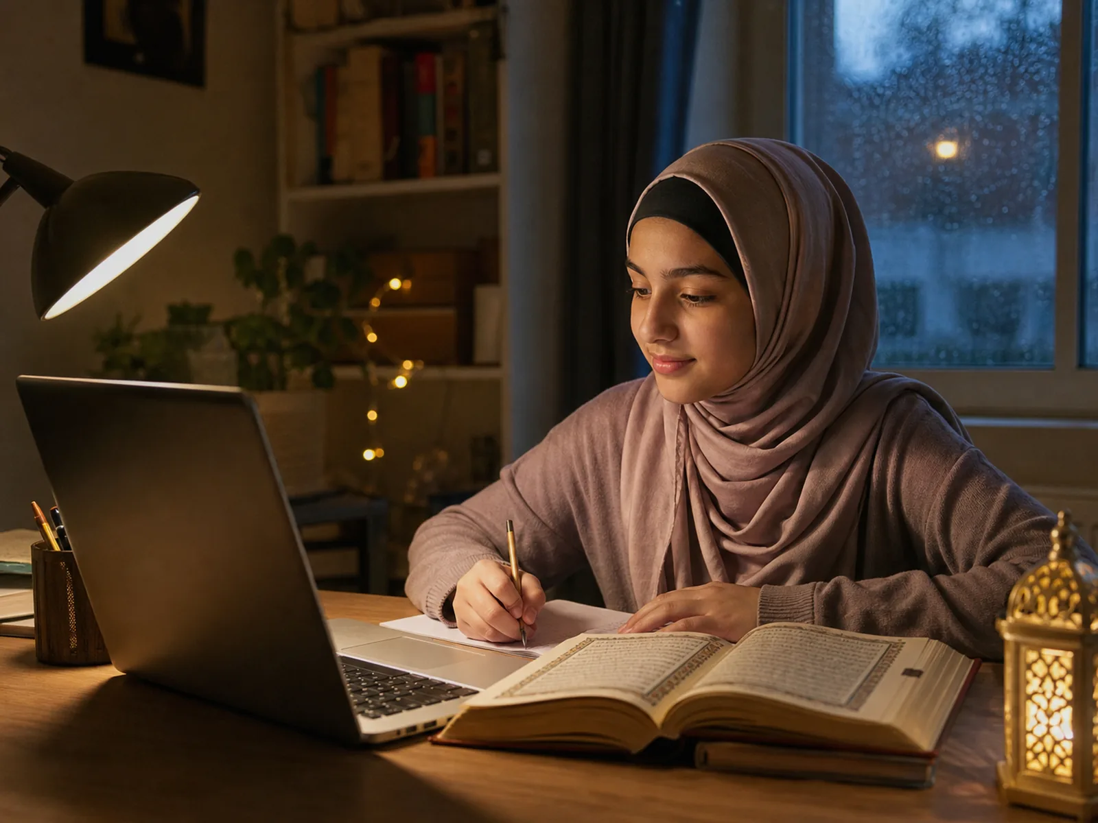 A child in an evening online Quran lesson at home instead of travelling to madrasah