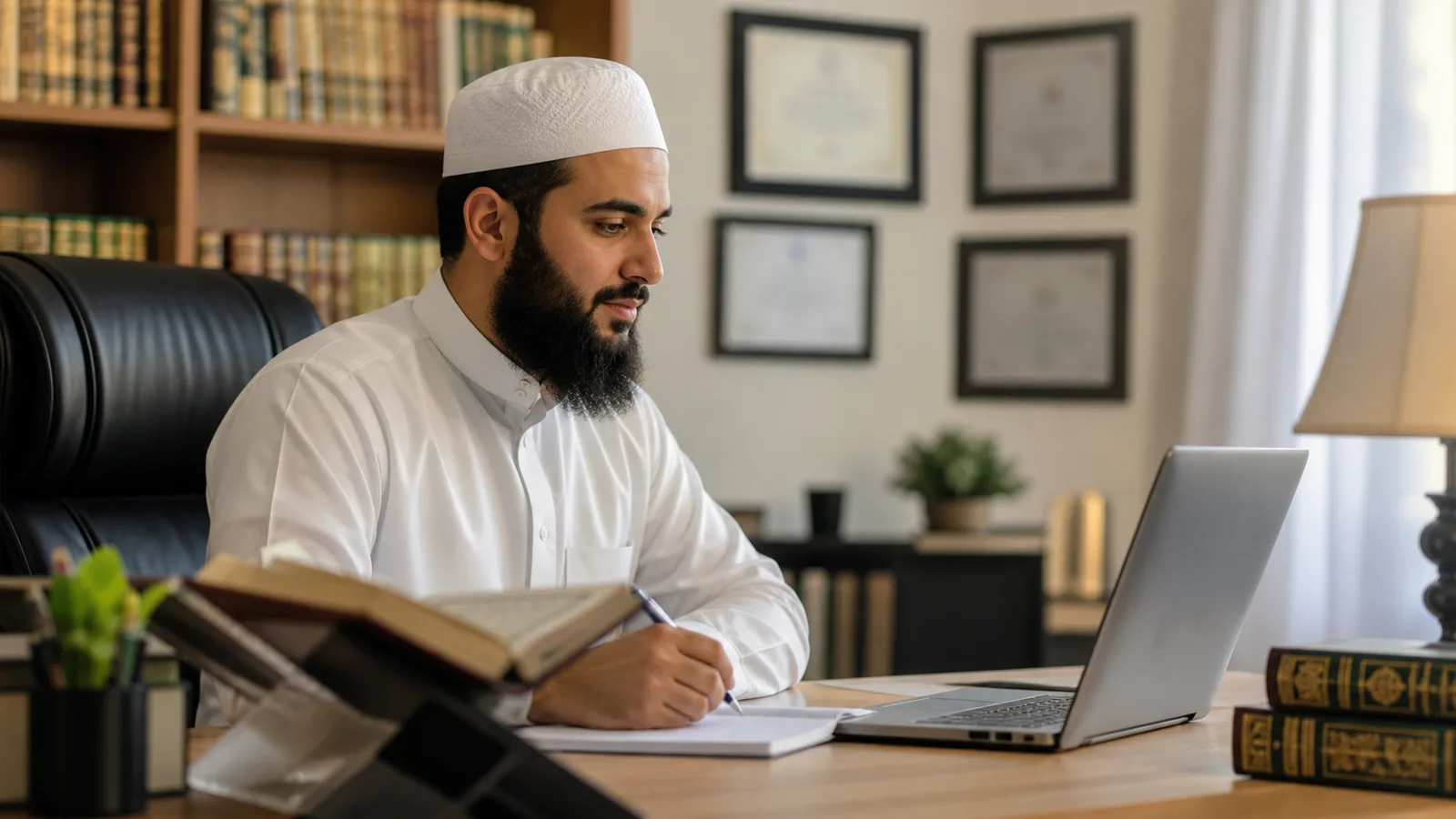 Quran teacher at a professional home teaching desk with books and certificates