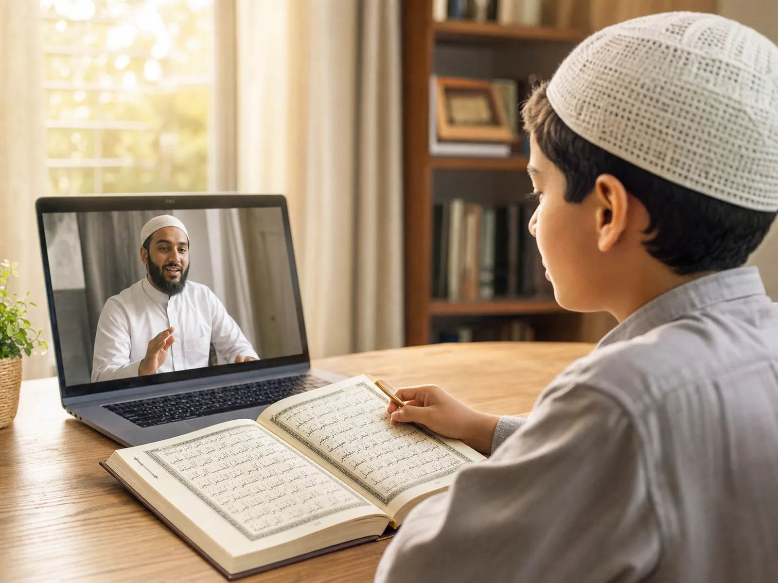 A Quran teacher working one-to-one with a student during a live lesson