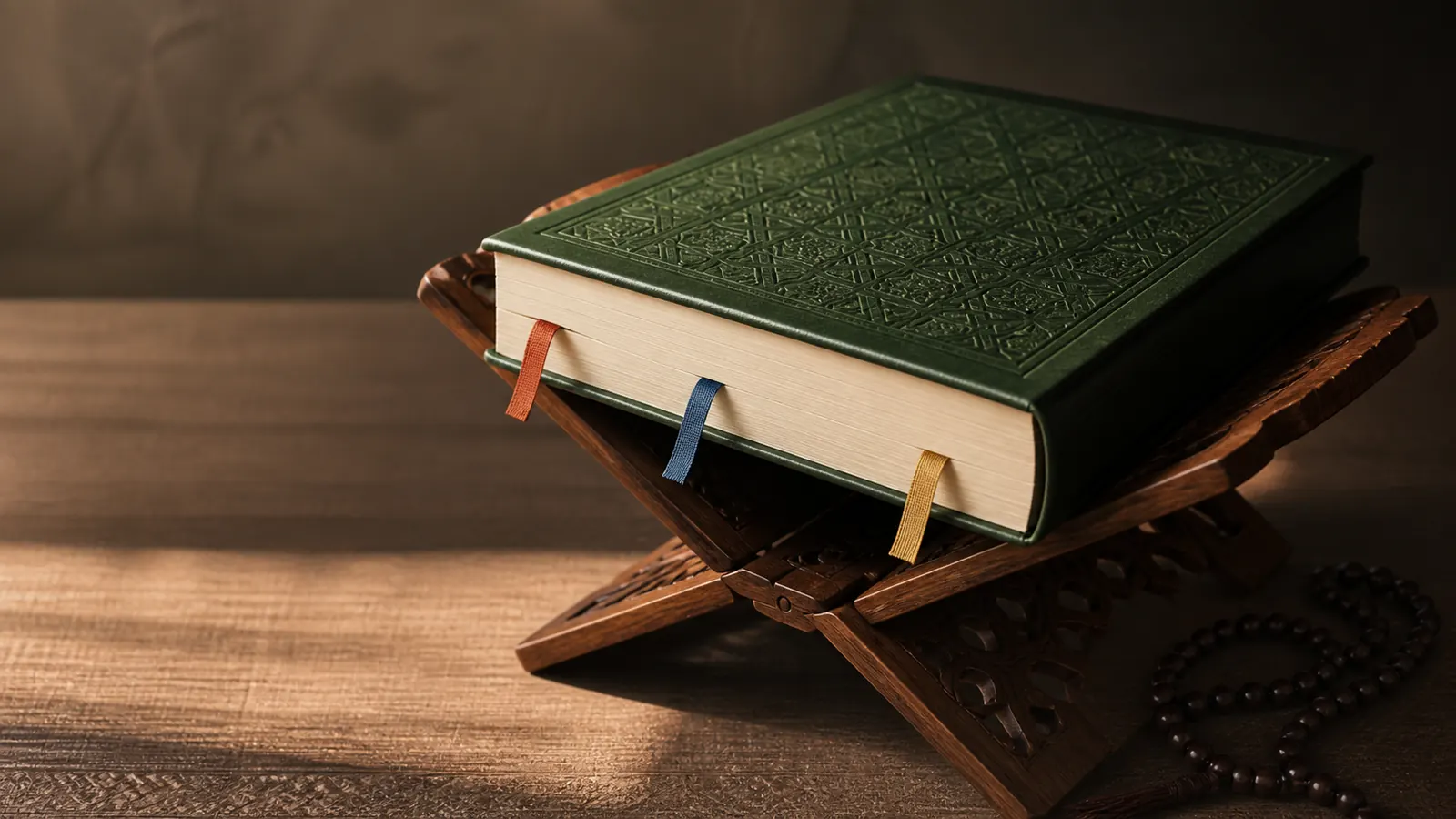 A closed Quran on a rehal marked at three depths, for the three daily hifz portions