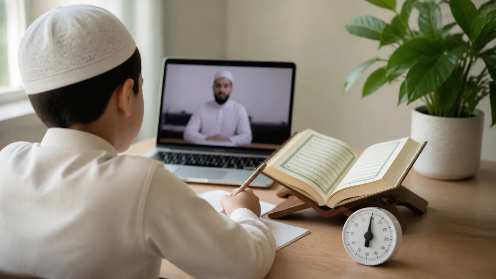 Balanced online Quran study setup with laptop, open Quran, timer and plant