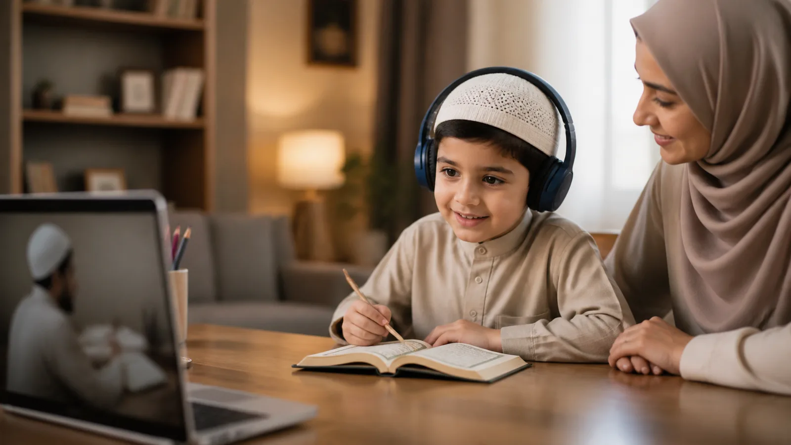 Child confidently joining an online Quran lesson while a parent observes