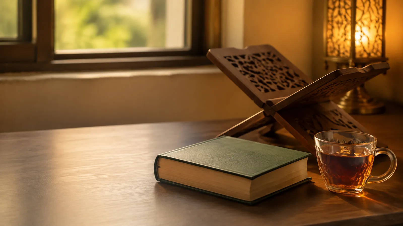 A closed green reading primer on a table beside a glass cup of tea and a wooden book stand in warm light