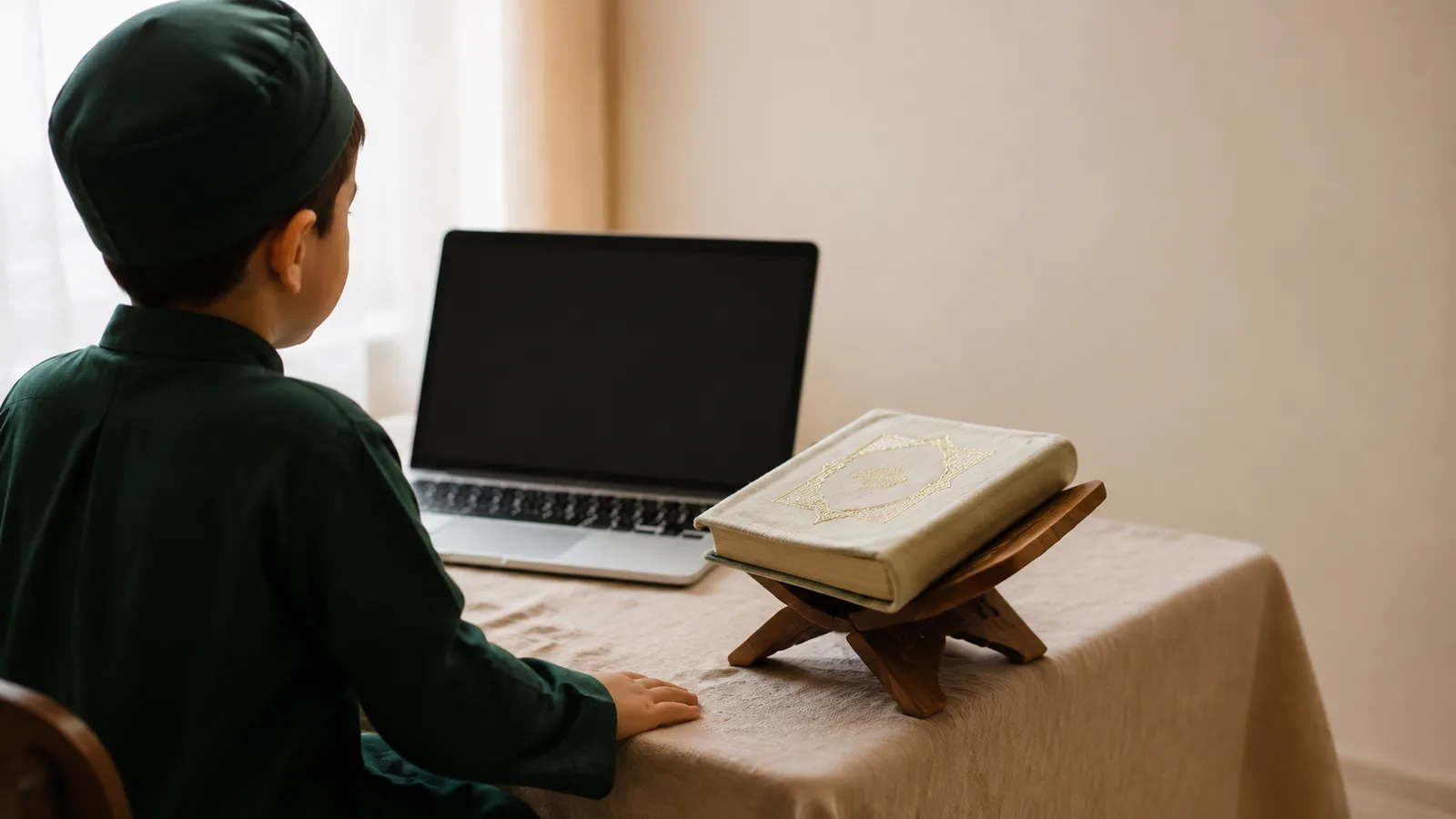 A young child in a cap seated at a table facing a laptop, with a Quran on a wooden stand beside it