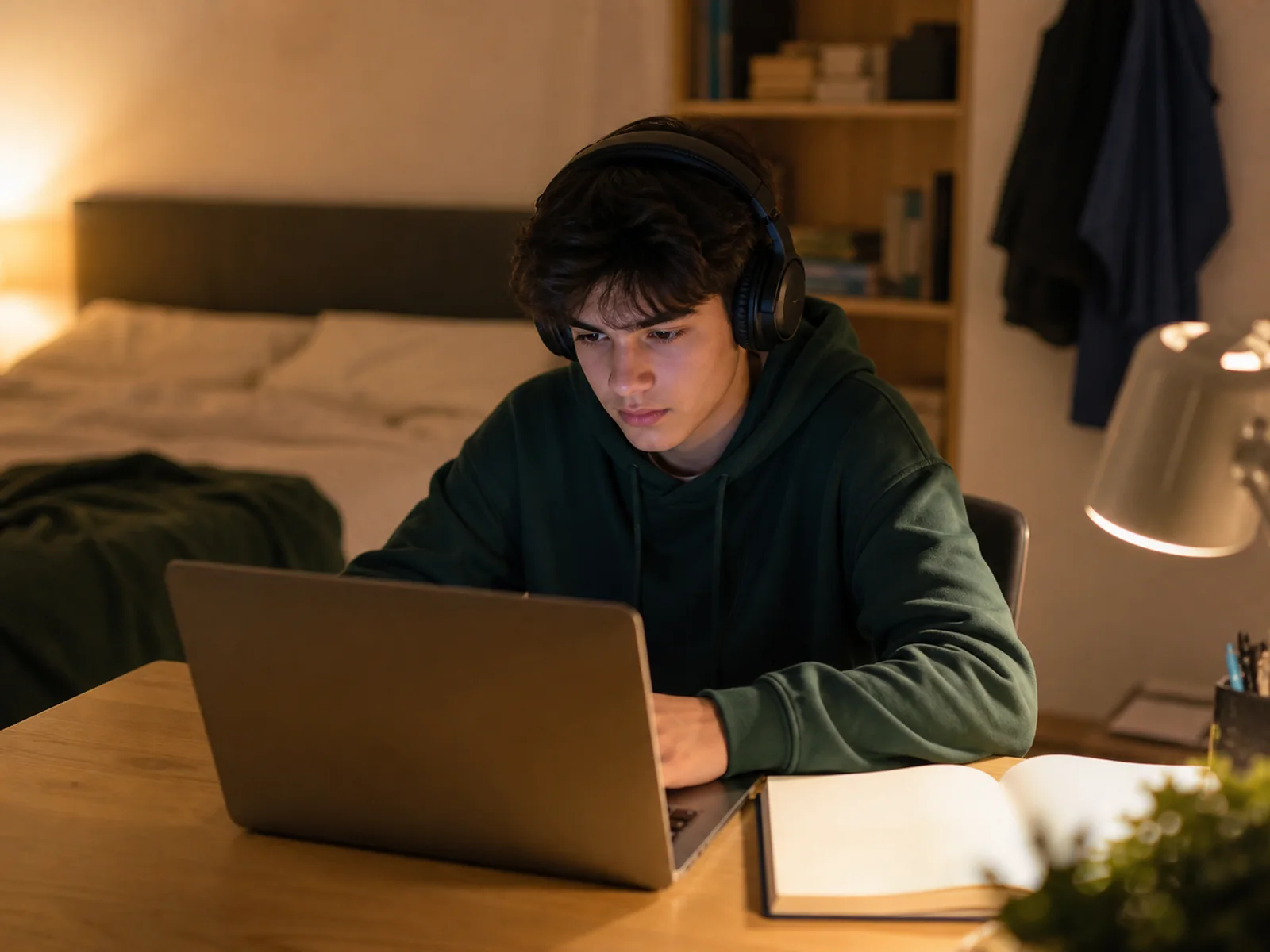 A teenager taking a private online Quran lesson in their own room