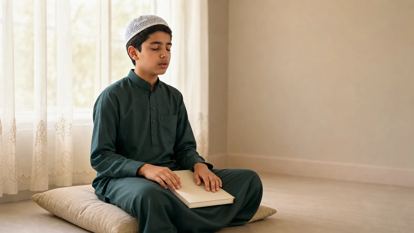 A Hifz student reciting memorised Quran from memory with a closed book in their lap