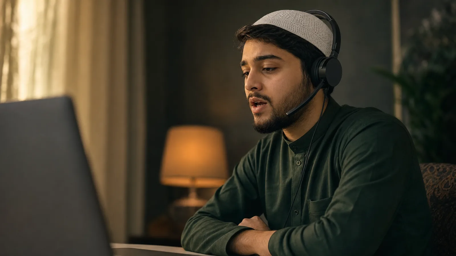 A student reciting carefully with headphones during a live online Tajweed lesson