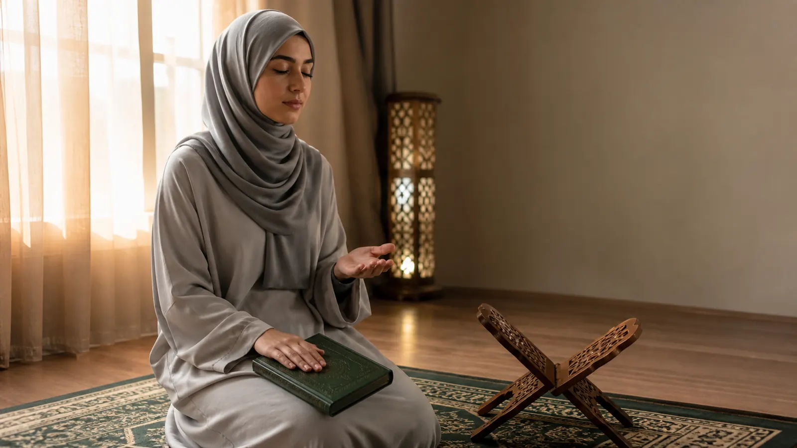 A student pausing to recall a memorised passage with the Quran closed in her lap